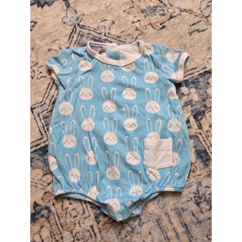 Magnolia Baby 6 months Pima Cotton Blue White Bunny Short Sleeve Bubble Romper